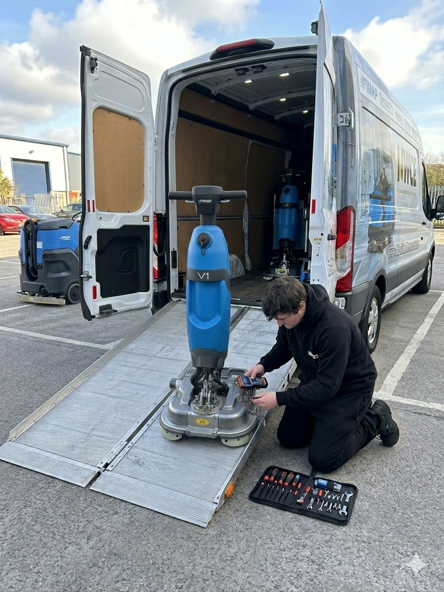 NWCE engineer servicing a Fimap V1 scrubber dryer from the company van